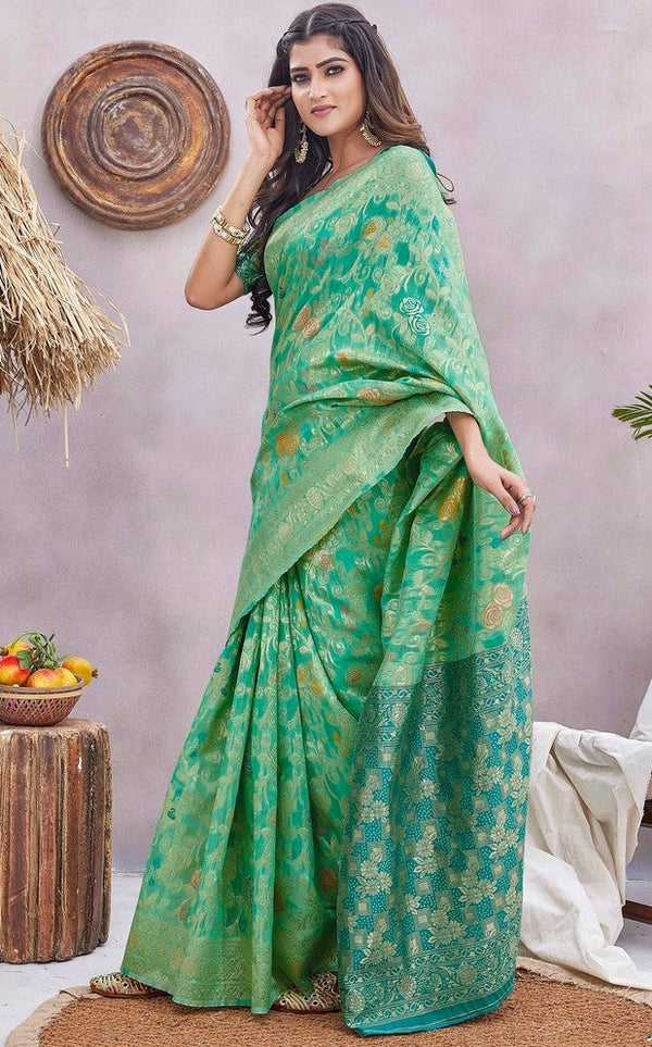 Lovely Teal Color Silk Fabric Designer Saree