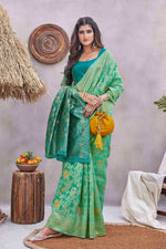 Lovely Teal Color Silk Fabric Designer Saree