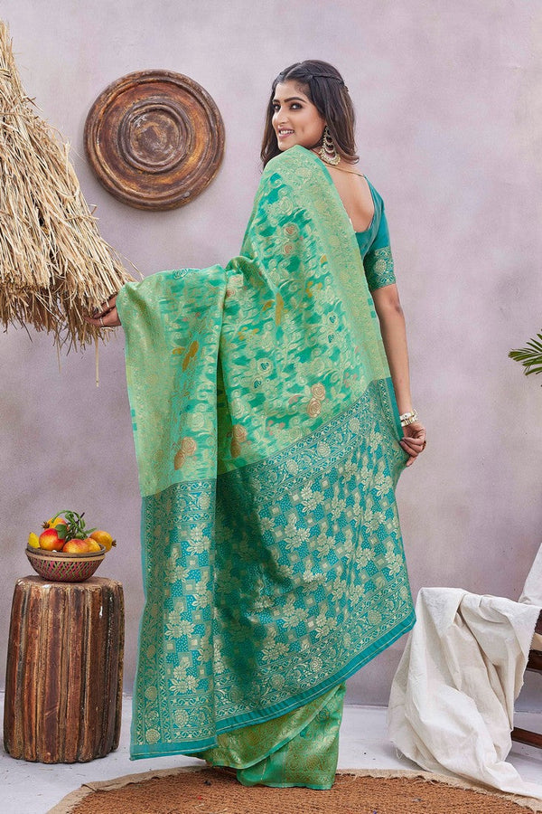 Lovely Teal Color Silk Fabric Designer Saree