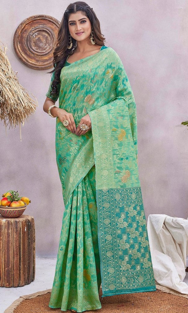 Lovely Teal Color Silk Fabric Designer Saree