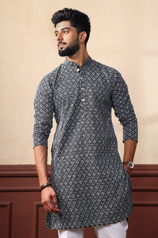 Dazzling Black Color Silk Fabric Kurta Pajama