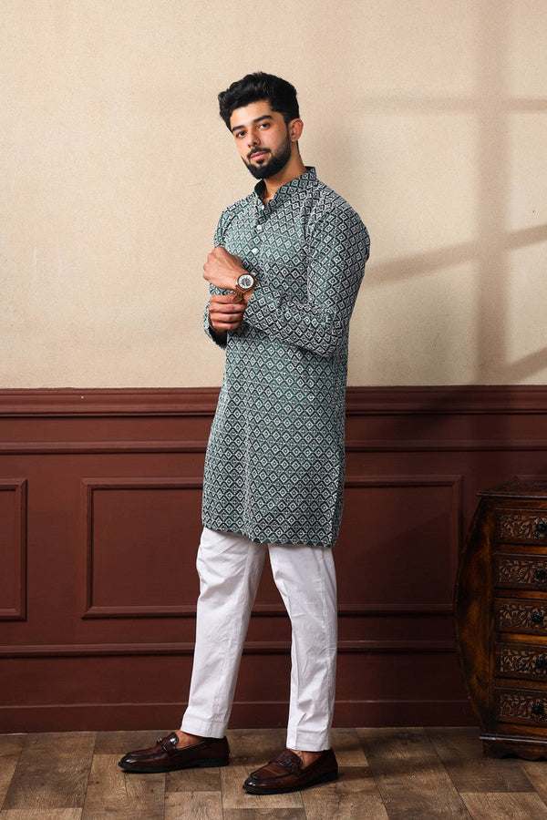 Dazzling Green Color Silk Fabric Kurta Pajama