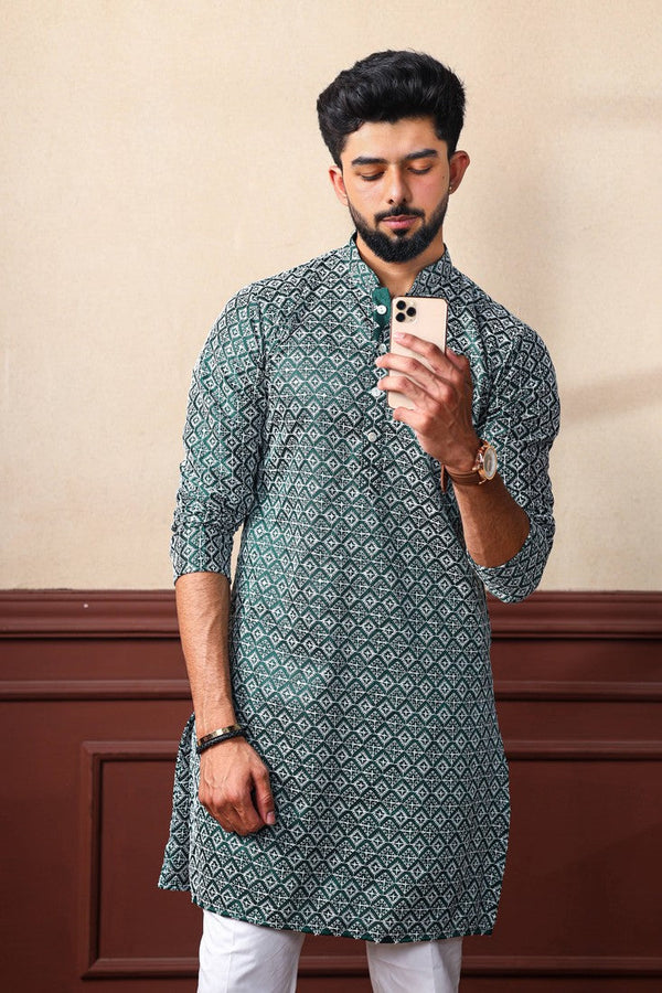 Dazzling Green Color Silk Fabric Kurta Pajama