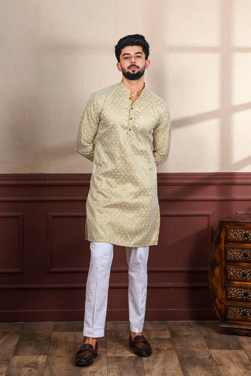 Dazzling Beige Color Silk Fabric Kurta Pajama