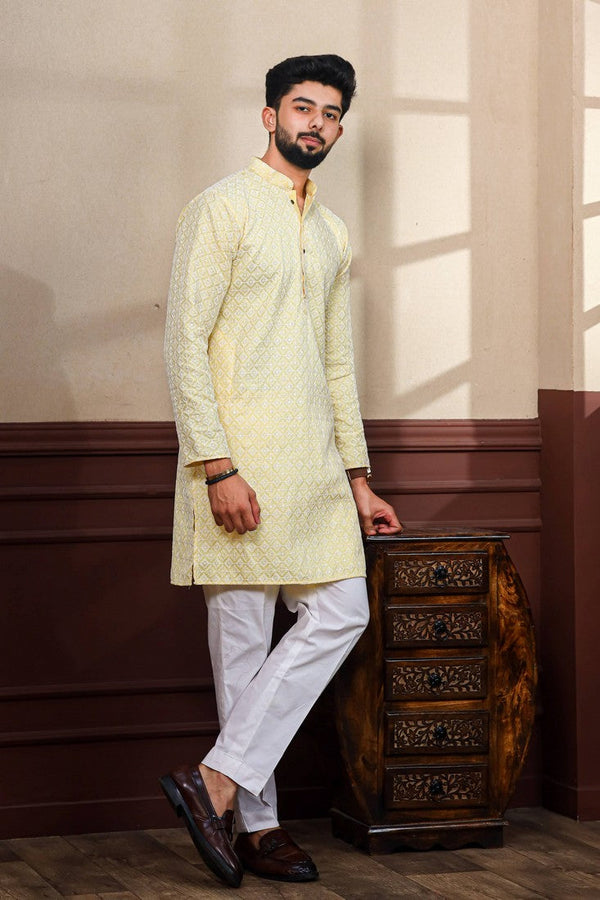 Dazzling Yellow Color Silk Fabric Kurta Pajama