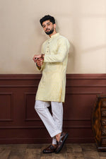 Dazzling Yellow Color Silk Fabric Kurta Pajama