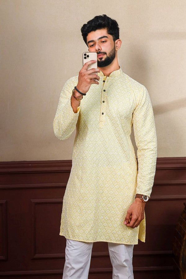 Dazzling Yellow Color Silk Fabric Kurta Pajama