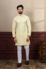 Dazzling Yellow Color Silk Fabric Kurta Pajama