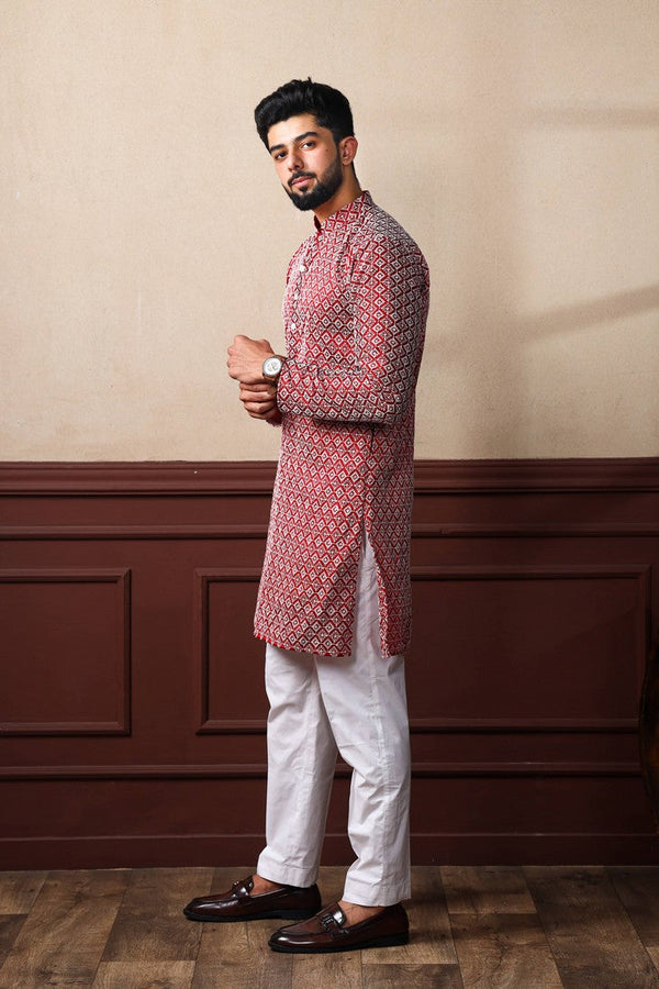 Dazzling Maroon Color Silk Fabric Kurta Pajama