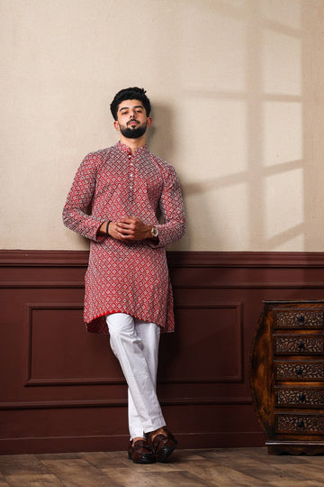 Dazzling Maroon Color Silk Fabric Kurta Pajama