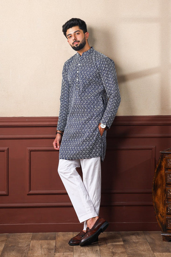 Dazzling Navy Blue Color Silk Fabric Kurta Pajama