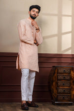 Dazzling Peach Color Silk Fabric Kurta Pajama