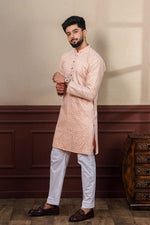 Dazzling Peach Color Silk Fabric Kurta Pajama