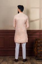 Dazzling Peach Color Silk Fabric Kurta Pajama