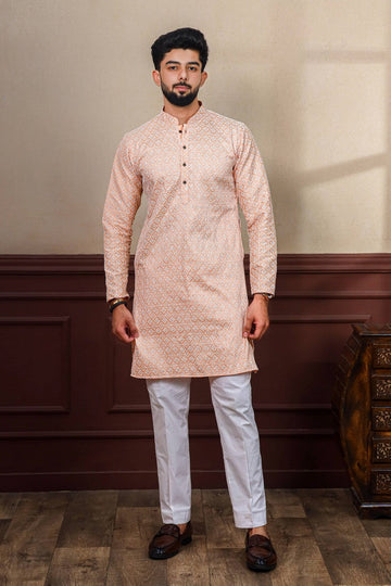 Dazzling Peach Color Silk Fabric Kurta Pajama