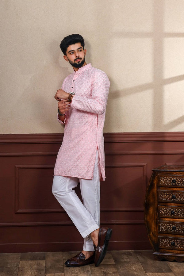 Dazzling Pink Color Silk Fabric Kurta Pajama