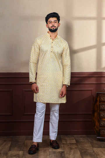 Dazzling Yellow Color Silk Fabric Kurta Pajama