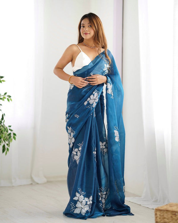 Grand Turquoise Color Jimmy Fabric Designer Saree