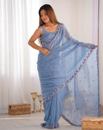 Grand Aqua Color Silk Fabric Designer Saree