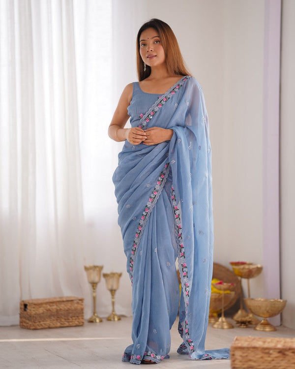 Grand Aqua Color Silk Fabric Designer Saree