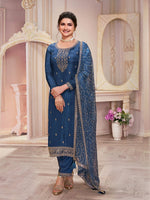 Tasteful Navy Blue Color Georgette Fabric Partywear Suit