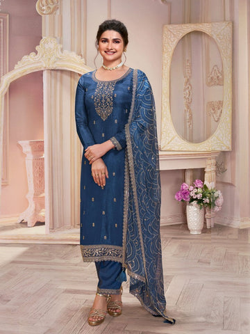 Tasteful Navy Blue Color Georgette Fabric Partywear Suit