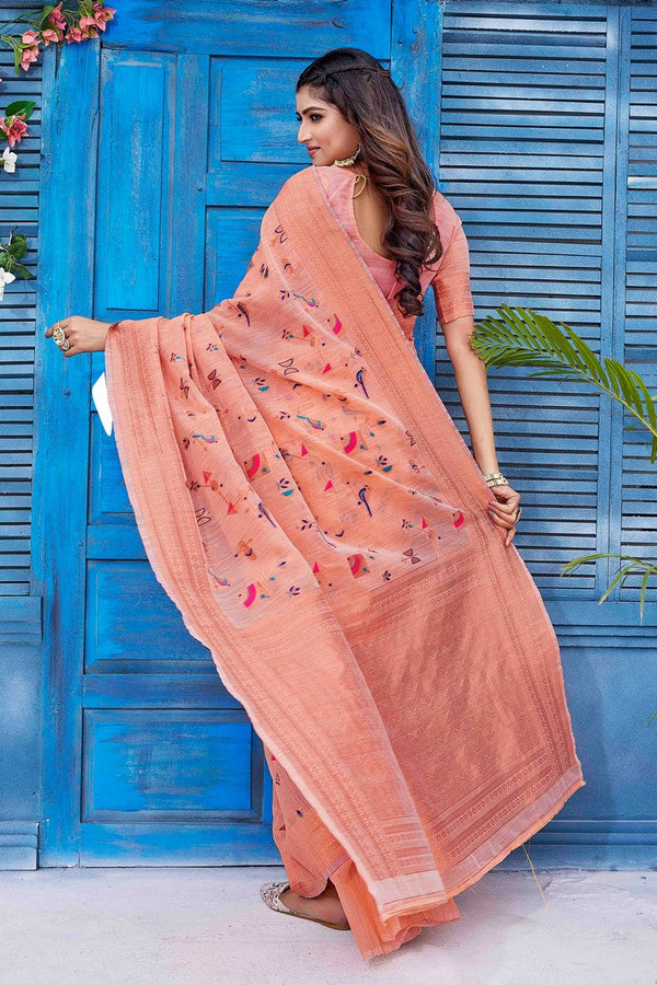 Grand Peach Color Linen Fabric Casual Saree