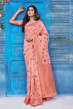 Grand Peach Color Linen Fabric Casual Saree