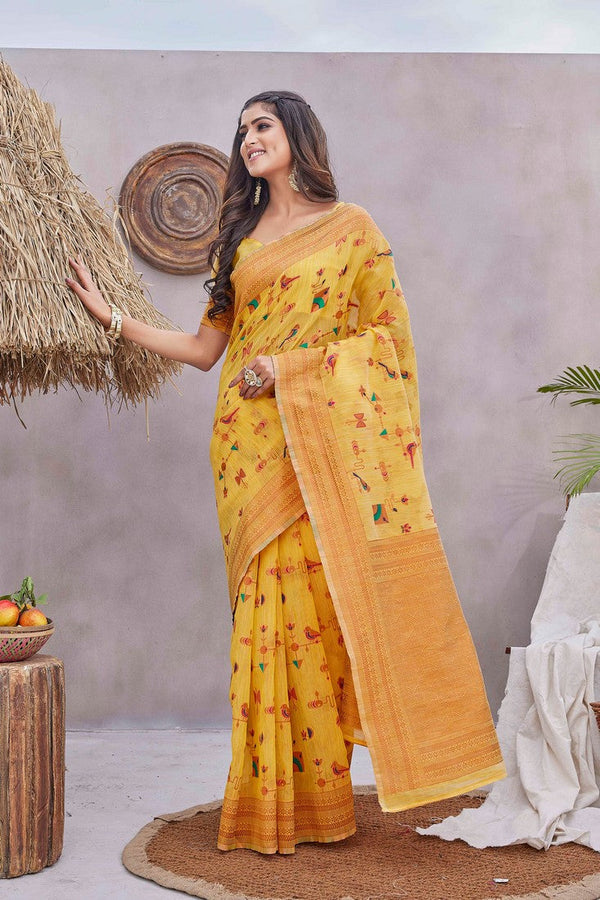 Grand Yellow Color Linen Fabric Casual Saree