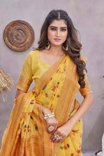 Grand Yellow Color Linen Fabric Casual Saree