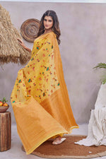 Grand Yellow Color Linen Fabric Casual Saree