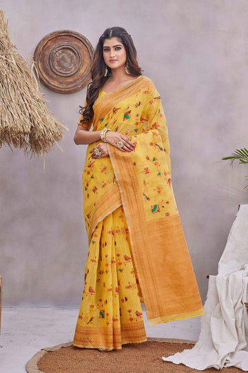 Grand Yellow Color Linen Fabric Casual Saree