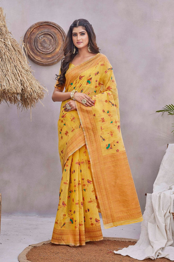 Grand Yellow Color Linen Fabric Casual Saree