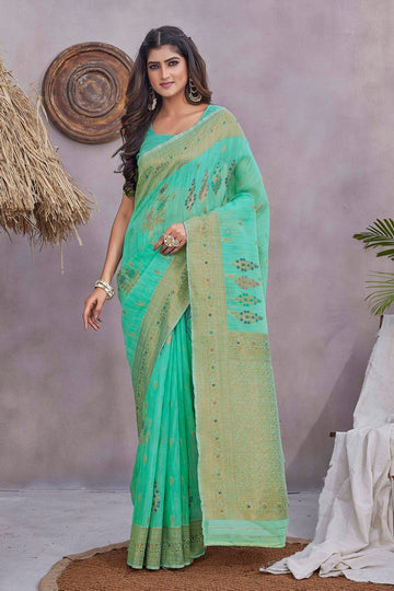 Grand Green Color Linen Fabric Casual Saree