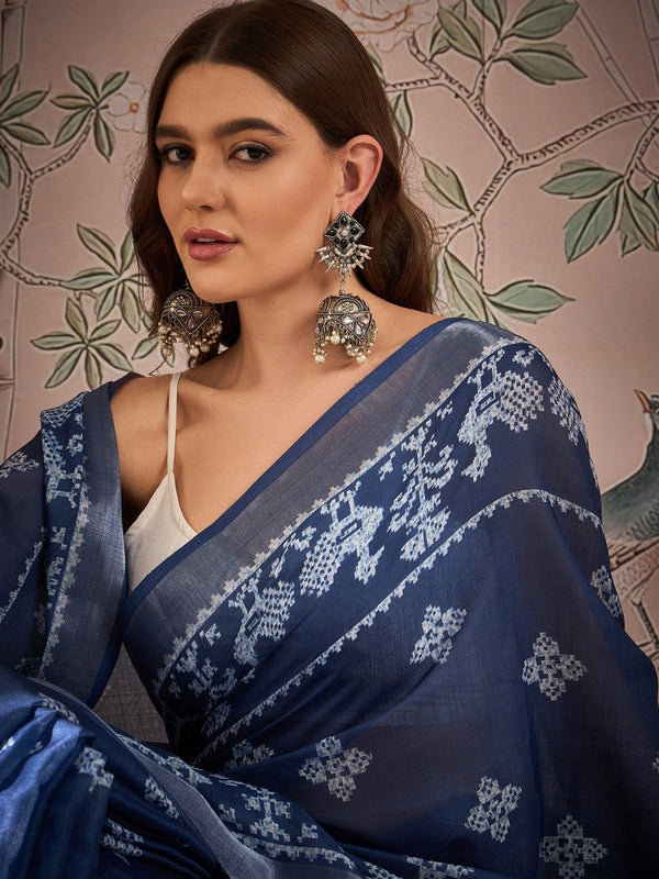 Grand Navy Blue Color Linen Fabric Casual Saree