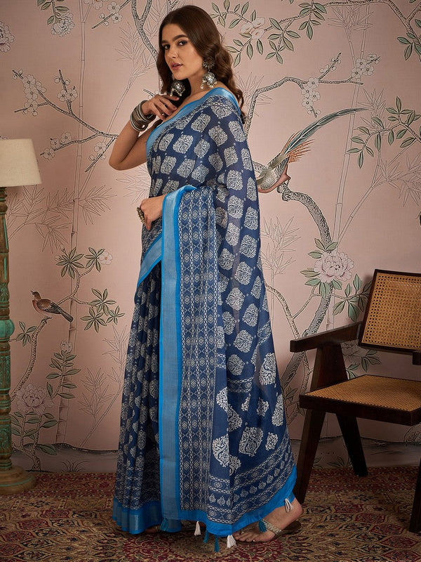 Grand Blue Color Linen Fabric Casual Saree