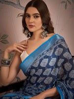 Grand Blue Color Linen Fabric Casual Saree