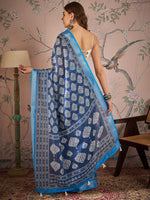 Grand Blue Color Linen Fabric Casual Saree