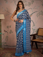 Grand Blue Color Linen Fabric Casual Saree