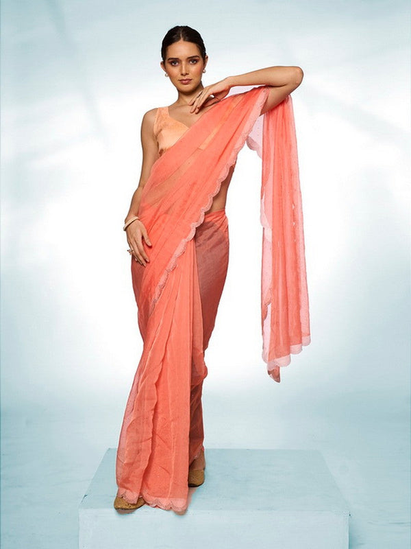 Amazing Orange Color Organza Fabric Casual Saree