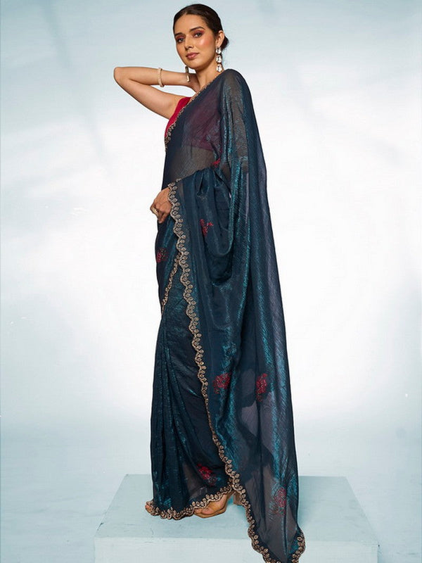 Amazing Teal Color Organza Fabric Casual Saree