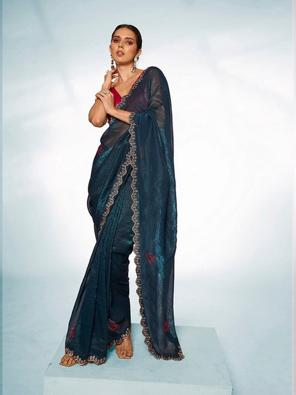 Amazing Teal Color Organza Fabric Casual Saree