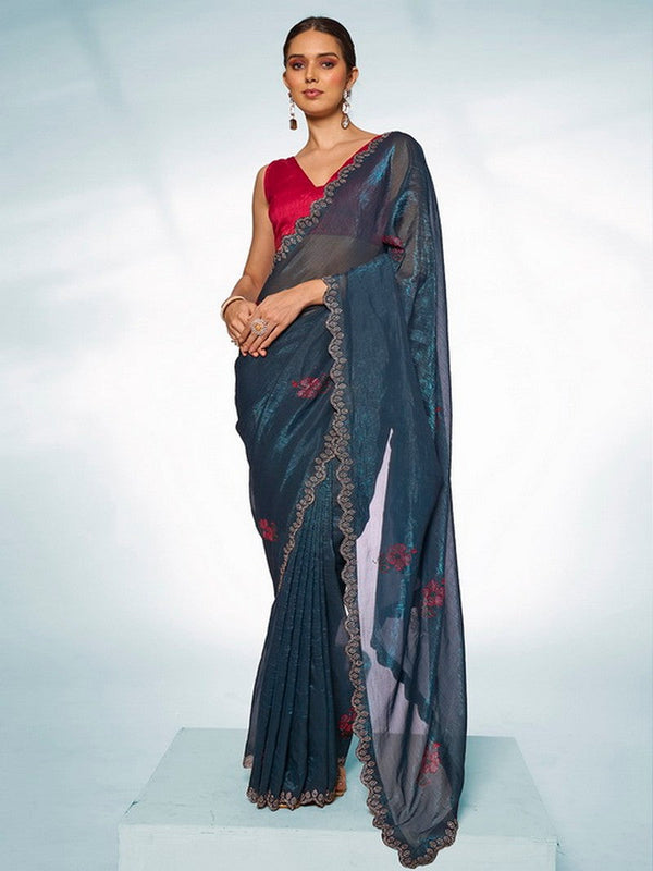 Amazing Teal Color Organza Fabric Casual Saree