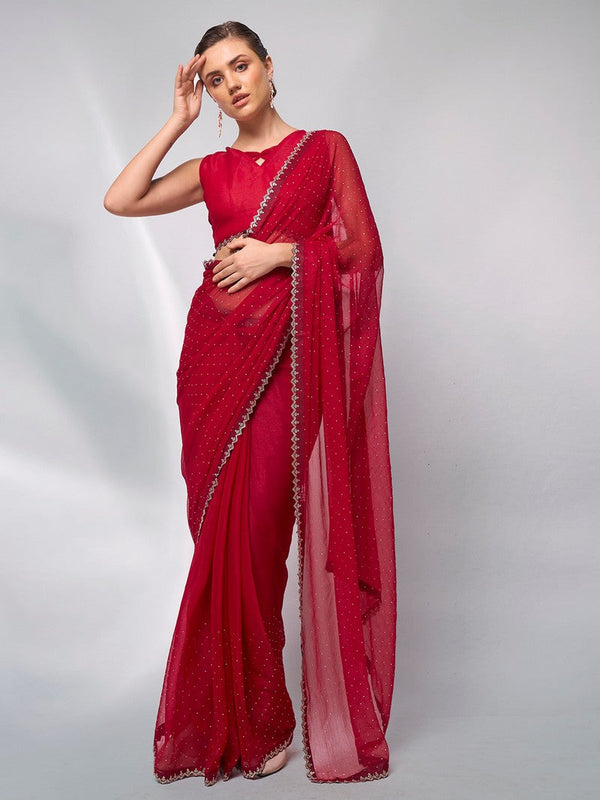 Amazing Red Color Moss Fabric Casual Saree