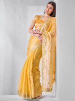 Striking Yellow Color Burberry Fabric Designer Saree