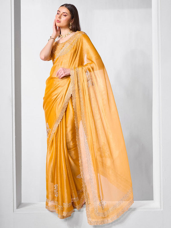 Striking Yellow Color Burberry Fabric Designer Saree