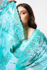 Striking Turquoise Color Burberry Fabric Designer Saree