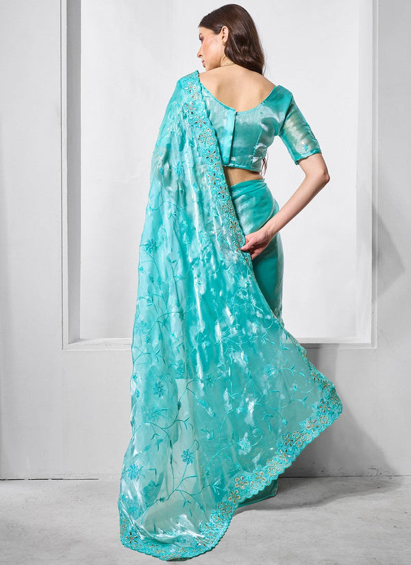 Striking Turquoise Color Burberry Fabric Designer Saree