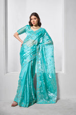 Striking Turquoise Color Burberry Fabric Designer Saree