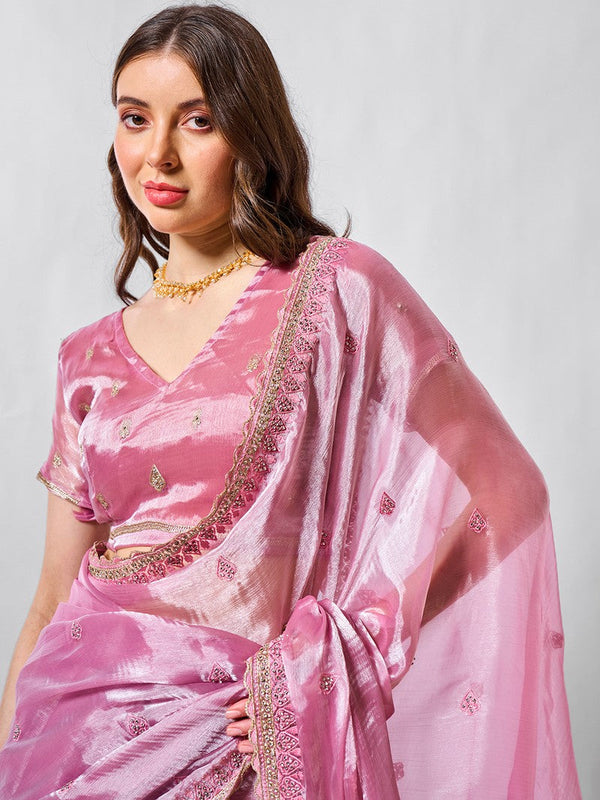 Striking Pink Color Burberry Fabric Designer Saree